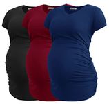 Smallshow Women's V Neck Maternity Clothes Tops Side Ruched Pregnancy T Shirt 3-Pack Black-Navy-Wine M