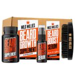 Wild Willies All-in-One Beard Growth Kit - Includes Beard Boost Serum Oil & Growth Supplement, Boar Bristle Brush - Perfect Grooming Kit for Men - Achieve Thicker, Fuller, Healthier Beard