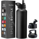 Triple Walled, Insulated Water Bottles with Straw - Stainless Steel Metal Bottle W/ 3 Leak Proof Lids - For Travel, School, Sports, Gym/Men, Women & Kids (Inky Raven Black, 1180 ml)