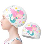 Silicone Swimming Cap for Kids Swim Caps for Girls Waterproof Bathing Cap for Children Swim Cap for Boys Aged 5-12 Cartoon Pattern Swimming Cap for Long and Short Hair White