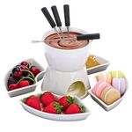 HomeZone 10pc White Ceramic Chocolate Fondue Set with Stainless-Steel Forks and 4 Half Moon Serving Dishes, Microwave and Dishwasher Safe Cheese Fondue Tealight Candle for Birthday Mother's Day Gift