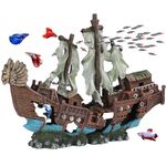 UNEAK - Large Shipwreck Aquarium Decorations Ornament w/Sail (2 Pieces) 20 Gallons high and Larger Fish Tank, Sunken Ship Decoration Ornaments, Pirate Boat, Resin, Freshwater Saltwater Decor