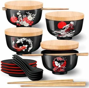 i2 Home Japanese Ramen Bowl Set of 4-20 Pcs, 32 Oz Ceramic Microwaveable & Dishwasher Safe Large Noodle Bowls with Lid & Built-In Chopstick Holder, Pho, Udon, Thai, Korean, Rice - 6.5 Inch