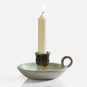 Kendiis Candle Holder Ceramic Candlestick Holder, Candlelight Stand for Spell Candles, Taper Candles, and Incense, Halloween Christmas Dining Room Home Decoration Display-White and Green