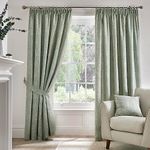 Dreams & Drapes - Green Jacobean Curtains W90 x L72 (229 x 183cm) - 2x Panels - 100% Cotton - 2x Curtains Tie Backs - Floral Pencil Pleat Curtains & Drapes - Vintage Floral Curtains in Light Green