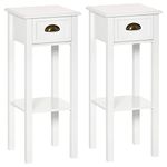 HOMCOM Bedside Table Set of 2, Narrow Side Table with Drawer and Shelf, 2 Tier Tall Nightstand for Bedroom, White