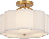 CALOKES Semi Flush Mount Ceiling Light, 11.8" Modern 3-Light Fixture with Petal-Shaped Cream White Fabric Shade and Golden Support Arm, Ideal for Bedroom, Kitchen, Living Room, Hallway, and Entryway