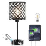 Crystal Touch Control Table Lamp with 2 USB Charging Ports，3-Way Dimmable Black Crystal Table Bedside Lamp Nightstand Desk Light for Bedroom, Girls Guest Room, Living Room, Bulbs Included-Black