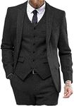 Mens Vintage Suit 3 Pieces Tweed Herringbone Prom Tuxedos Blazer Peak Lapel Groomsmen(Black,46)