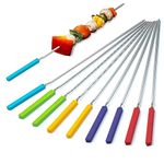 Grill Skewers with Silicone Handle, 16" Long Kabob Skewers, 10 Pack Stainless Steel Skewer Sticks, Reusable Flat Metal Skewers for Grilling BBQ Barbecue, Storage Bag Included