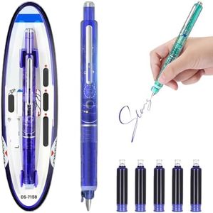 HOAIME Fountain Pen Retractable, 0.38mm Blue & Black Ink Transparent Barrel Includes 5 Refillable Ink Cartridges, Retractable Fountain Pens for Writing Fine Nib No Leaking (Dark Blue, Blue)