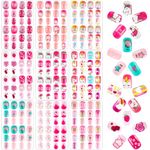 BOARDFEB 216Pcs 9 Pack Kids Press on Nails Grils Full Cover Short False Stick on Nail Tips for Kids Nail Art Decoration Christmas Birthday Valentine's Party Favors Gift(Romantic Pink)