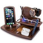 Gifts for Men Wood Rotating Phone Docking Station Key Holder Wallet Stand Watch Organizer Men Gift Husband Wife Anniversary for Dad Birthday Nightstand Male Idea Gadgets Ash (Brown)