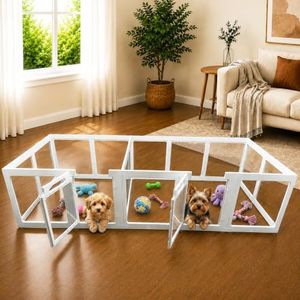 Transparent Indoor Dog Playpen with Safety Lock, Indoor Dog Fence for Small & Medium Pets | Secure, Stylish, Easy Clean Play Pen for Dogs & Pets with Scratch Resistant Panels (White, 16 Panels)