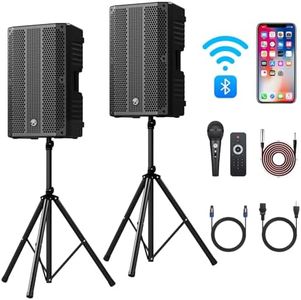 NBVOICE 15" Active+Passive DJ/PA Speakers Package with Mic,2-Way Powered PA System Combo Set with Bluetooth/USB/FM Radio/2X Steel Speaker Stand for Unforgettable Events