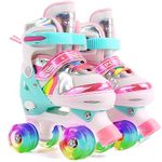 Ceestyle Rainbow Adjustable Quad Roller Skates Kids, All Light Up Wheels of Skates Shine, Illuminating Light Up Wheels, With Built In Adjusters Kids Roller Boots for Boys and Girls, Pink 1-4.5