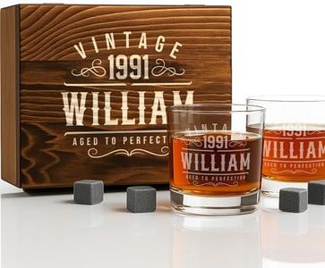 Personalized Vintage Birthday Whiskey Gifts for Men - 11 oz Engraved Bourbon Glass - Set of 2 Vintage Whiskey Cup in Wooden Box - 4 Designs Custom Scotch Glass Gift For Him (Vintage)