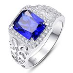 Bonlavie Wedding Bands for Men Created Blue Sapphire White CZ Halo Engagement Rings 4 Prong Setting Retro Pattern Design 925 Sterling Silver Size T 1/2