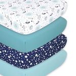 The Peanutshell Crib Sheets, Neutral, Fitted Baby Bed Sheet Set, Standard Size Crib Mattress, 52x28, Stars Moon Space Nursery Decor, 4 Pack in Navy Blue, Teal, White