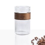 Kingdong 410ml Japanese Style High Borosilicate Glass Coffee Cup, Wooden Bamboo Grip Ring Heat-resistant Water Drink Coffee Cup, Vertical Pattern Cylindrical