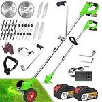 Electric Weed Wacker Battery Operated, Weed Eater Cordless 21V/2.0Ah, Lightweight Grass Trimmer/Edger Lawn Tool/Brush Cutter, Wheeled Lawn Mower, No String Trimmer Battery Powered for Garden Yard