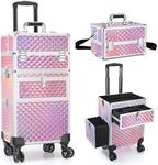 Professional Rolling Makeup Train Case, Multi-functional Cosmetic Trolley with 360° Swivel Wheels Keys, Large Storage Traveling Cart Trunk, Cosmetic Train Cases for Nail Technicians Hairstylist, Pink, Make Up Organizers and Storage