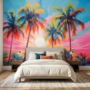 MFWFM Palm Tree Forest Peel and Stick Mural Wallpaper Self Adhesive Oil Painting Coconut Tree Sunrise Wall Mural for Bedroom Living Room Dining Room