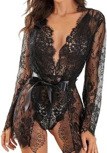 RSLOVE Women Sexy Bridal Lingerie Set 2 Piece Lace Robe With Sheer Teddy Babydoll Bodysuit Black XL
