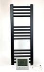 Greened House 300w x 800h Black Electric Straight Heated Bathroom Towel Rail + Timer and Room Thermostat