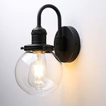 JIMUBEAM Industrial Vintage Gooseneck Wall Light Sconce 1-Light with 5.9” Round Clear Glass Globe Shade Indoor Wall Mounted Lamp Fixture(Black)