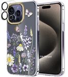 luolnh Compatible with iPhone 15 Pro Case,for Women Girls,Shockproof Clear Floral Pattern Hard Back Cover for iPhone 15 Pro 6.1" 2023 -Purple&Blue