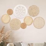 DETENE Set of 8 Rattan Flower Wall Decor Above the Bed Wall Decor Boho Boho Flower Wall Decor Round Wall Decor Flat Woven Basket Wall Hanging Decor for Living Rooms Farmhouse Nursery (White - A)