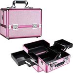 Ver Beauty 2-Tiers Extendable Trays Art Craft Tattoo Makeup Artist Cosmetic Storage Organizer Train Case Tool Box Shoulder Strap Key Lock, Pink Krystal