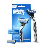 Gillette Mach 3 (Handle + 2 Cartridges) Shaving Razor For Men | Most Comfortable Shave | 3D Blade Technology That Adjusts To Your Face | Metal Handle For Superior Grip
