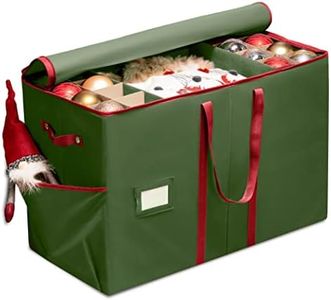 ZOBER Large Christmas Ornament Storage Box - Stores 80 3" Ornaments, With Dividers - With Large Compartment for Figurines, and Accessories, Durable Christmas Containers Holder, 4 Extra Pockets - Green