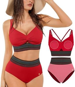 Popilush Women Bikini Set Twist Front Cutout High Waisted Tummy Control Two Piece Swimsuit Cross Back Removable Pads Color Red Size XL