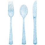 joy akkess 150 Pack Blue Plastic Silverware Blue Glitter Silverware Plastic Utensils Set 50 Blue Plastic Forks, 50 Blue Knives, 50 Blue Spoons for Brithday, Baby Shower, Pinic