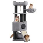 FEANDREA Cat Tree, Large Cat Tower with Fluffy Plush Perch, Cat Condo with Basket Lounger and Cuddle Cave, Extra Thick Posts Completely Wrapped in Black Sisal, Stable, Comfortable, Light Grey PCT02W