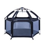 Baby Playpen, CutieClub Portable Playard Playpen with Safety Mattress for Infants and Babies, Best 6-Panel Kids Playpen with Anti UV Canopy for Indoor and Outdoor (Black)