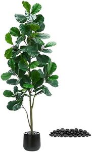 TNGGNT Artificial Fiddle Leaf Fig Tree：6FT Tall Faux Ficus Lyrata Plant Fake Fig Trees Realistic Green Silk Large Leaves with Natural Trunks & Pebbles in Black Planter for Indoor Outdoor Office Home.