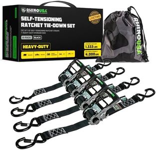 Rhino USA Self Tensioning Ratchet Tie Down Straps (4PK 1.6INX8FT)- Heavy Duty Patented Cargo Strap Keeps Tension When Your Load Shifts - Used for Motorcycle, ATV, UTV, Truck, General Cargo & More