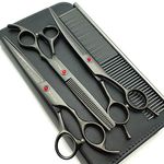 7.0in Titanium black Professional Pet Grooming Scissors set,Straight & Thinning & Curved scissors 3pcs set for Dog grooming,A419 (black)