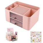 OFFCUP Desk Organiser with Drawer, Plastic Table Organiser, Office Desk Supplies Organizer Desktop Stationary Organiser Storage Pen Holder with 7 Grids for School Office Home (Pink)