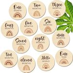 SVM CRAFT Baby Monthly Milestone Cards 13 Pcs Wooden Baby Milestone Cards Boho Rainbow Front Sided Printed Milestone Discs Wood Gift Photo Prop Discs Sets Birth Announcement Sign Newborn Photo Props