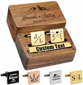 Custom Monogram Cufflinks for Men - Personalized Initial Cuff Links & Tie Clip Set with Engraved Wood Box - Wedding Gifts for Groom Son Man Groomsmen Father's Day(Square)