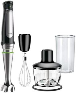 Braun MQ7035X 3-in-1 Immersion Hand, Powerful 500W Stainless Steel Stick Blender Variable Speed + 2-Cup Food Processor, Whisk, Beaker, Faster, Finer Blending, MultiQuick