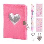 PrinBarBee Heart Diary for Girls with Lock and Keys, Cute Plush Diary Secret Diary, Writing Journal Lined Pages Notebook Sequined Design Birthday Gift Set for Kids ages 6-8