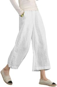Womens Linen Cropped Pants Loose Casual Capri Cotton Wide Leg Plus Size Elastic Waist with Drawstring Trouses White XL