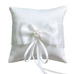 Ring Pillow Pearls, Decor Bridal Wedding Ivory Ring Bearer Pillow, 7.8 Inch x 7.8 Inch (White)