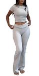 AYWA Women's 2 Piece Lounge Sets Short Sleeve Crop Top Foldover Flare Pants Casual Pajama Outfits, Light Heather Grey, Large